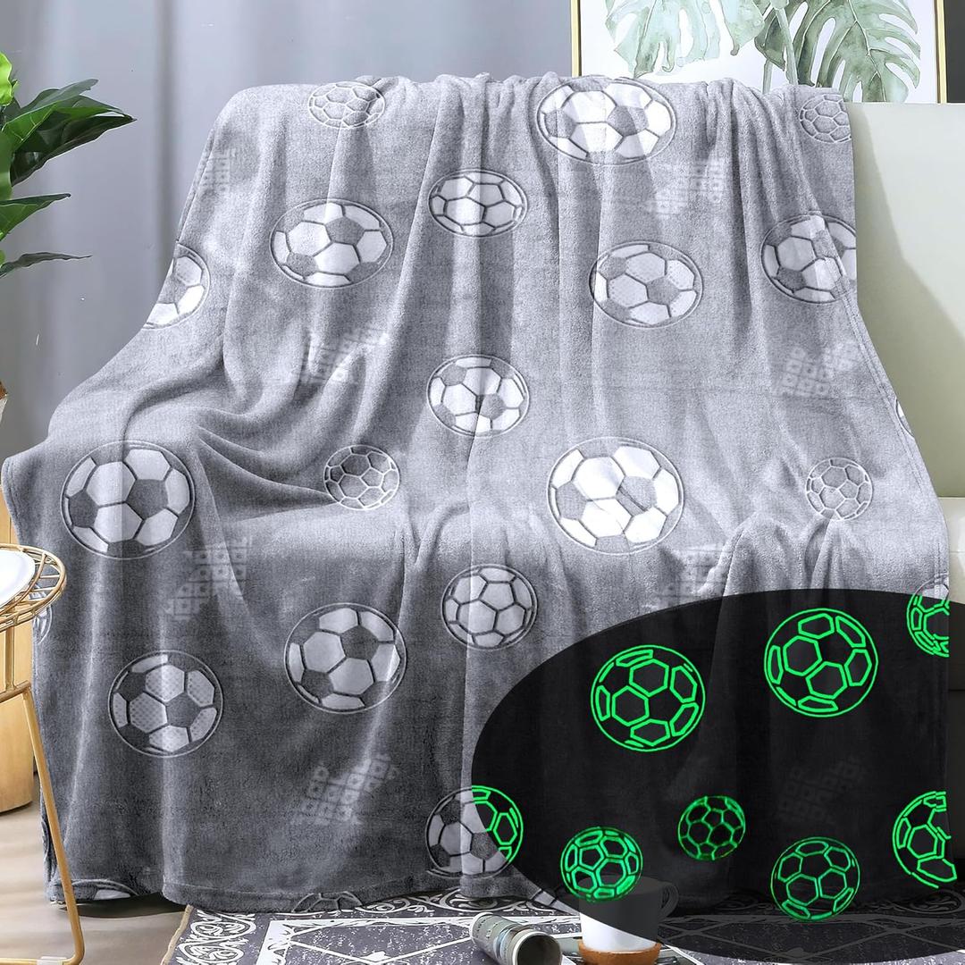 Sviuse Glow in The Dark Soccer Blanket Glow Soccer Blankets for Kids and Adults Soft Cozy Football Fans Gifts Sports Ball for Boys Men Throw Balls Decor (Glow Soccer, 50" X 60")