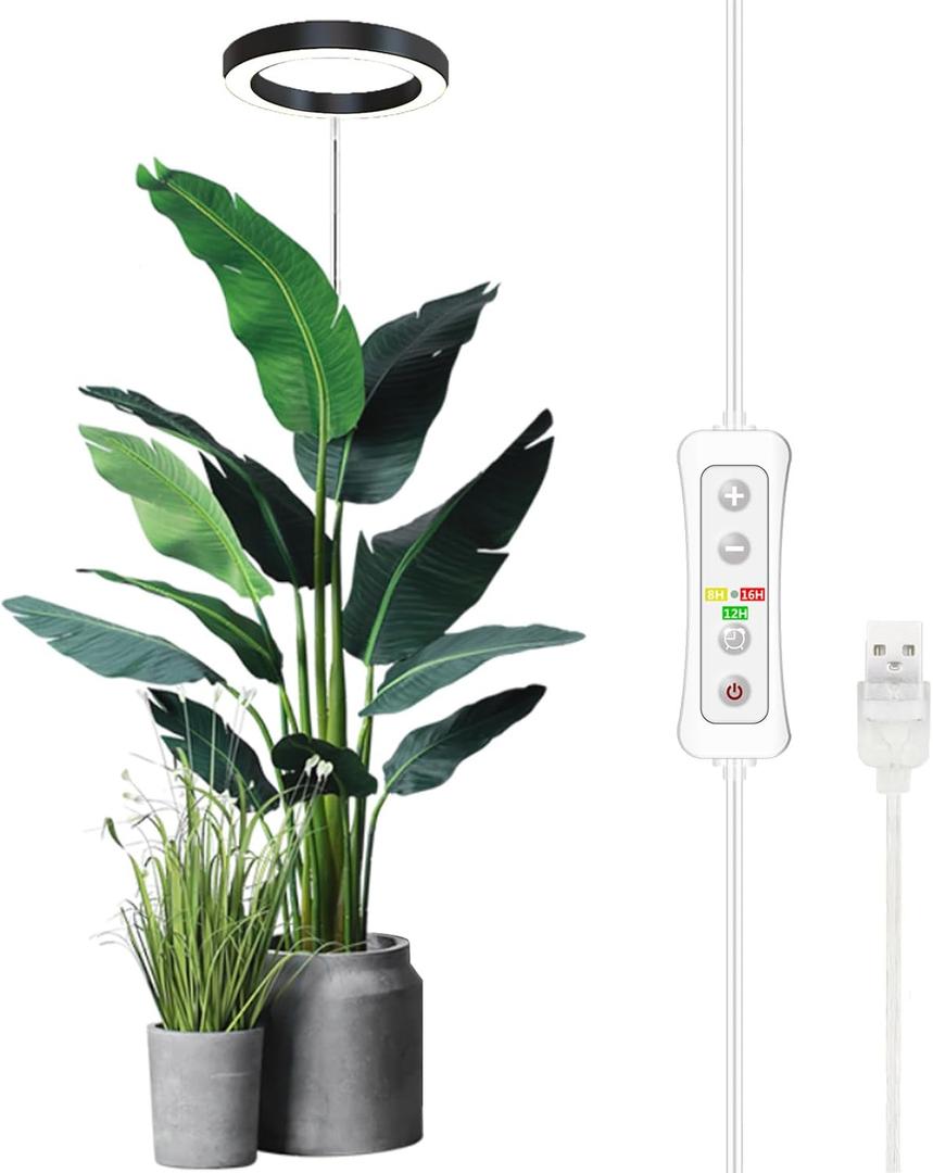 Plant Grow Light,yadoker LED Growing Light Full Spectrum for Indoor Plants,Height Adjustable, Automatic Timer, 5V Low Safe Voltage,Idea for Large Plant Light (1 Pack, Black)