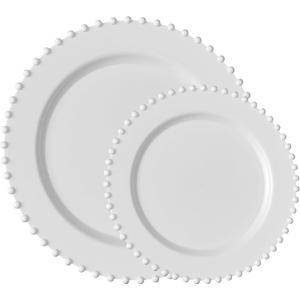 PLASTICPRO 32 Piece Combo Plastic Dinner Plates Disposable Plastic Fancy Heavy Duty Party Dishes 7 inch and 10 inch, White Beaded