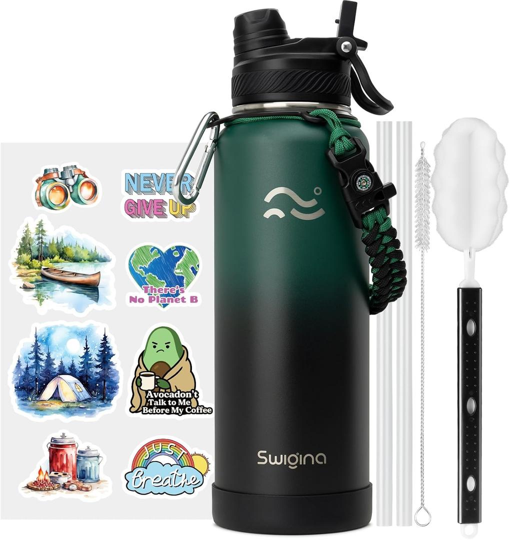 Swigina Insulated Water Bottle with Silicone Boot (36hrs Cold/18hrs Hot) - DIY Stickers, [2-in-1 Lid], BPA Free, 40 oz
