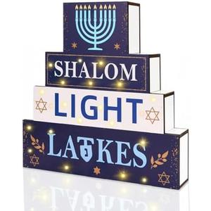 Bafeil Hanukkah Decorations Wooden Block Sign with LED Lights, Blue & White Hanukkah Design for Jewish Judaism Chanukah Table Mantel Outdoor Holiday Home Decor