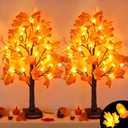 2 Pack 24 Inch Artificial Lighted Fall Maple Tree Thanksgiving Decorations with 48 LEDs Battery Operated Timer Prelit Acorn Maple Tree Lights for Thanksgiving Table Decor Home Indoor Autumn Harvest