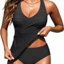 Womens Halter Tankini Swimsuit - Tummy Control Bathing Suit Two Piece Swimsuit V Neck Swimwear 2025 (Large, Black)