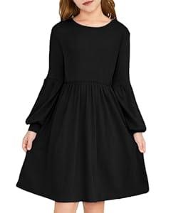 YOURUIKEY Girls Fall Dresses, Sweater Dress Lantern Long Sleeve Casual Knit Winter Dress for Girl Size 7-14 Years Black