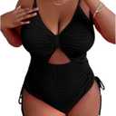 Sexybody Women' s Plus Size Bikini High Waisted One Piece Swimsuits Ribbed Tummy Control Cutout Bathing Suits Ruched V Neck (3X-Large, 138 Black)