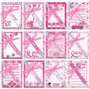 Eaasty 24 Sets Breast Cancer Awareness Gifts Bulk Pink Ribbon Breast Cancer Notepads and Ballpoint Pens Set Inspirational Gifts for Office Supplies Women Coworkers Nurses Volunteers Party Favors