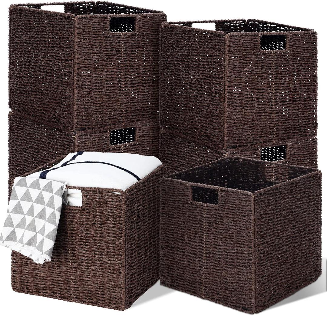 Panelee 6 Pack Wicker Storage Baskets Foldable Wicker Baskets Hand-woven Willow Rope 11x11x11 Inch Square Cube Storage Bins Organizer for Shelves Organizing Decor Laundry Pantry(Brown)