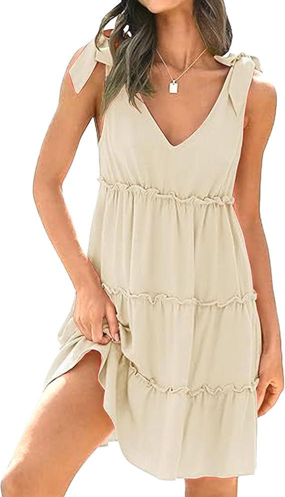 ZESICA Womens 2026 Summer Casual V Neck Sleeveless Mini Dress Tie Shoulder Tiered Ruffle Swing A Line Short Sundresses, S