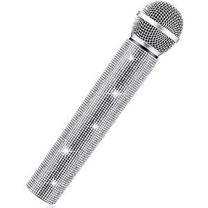 Sanwuta Fake Microphone Prop Sparkly Bling Rhinestones Plastic Play Microphone Pretend Glitter Bedazzled Mic for Cosplay Party Costume(Silver)