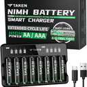 Taken Rechargeable AA Batteries with Charger, 8-Pack 3100mWh Double A Batteries Made with 25% Recycled Materials with 8 Bay Smart Battery Charger for Fast Charging of AA & AAA Batteries