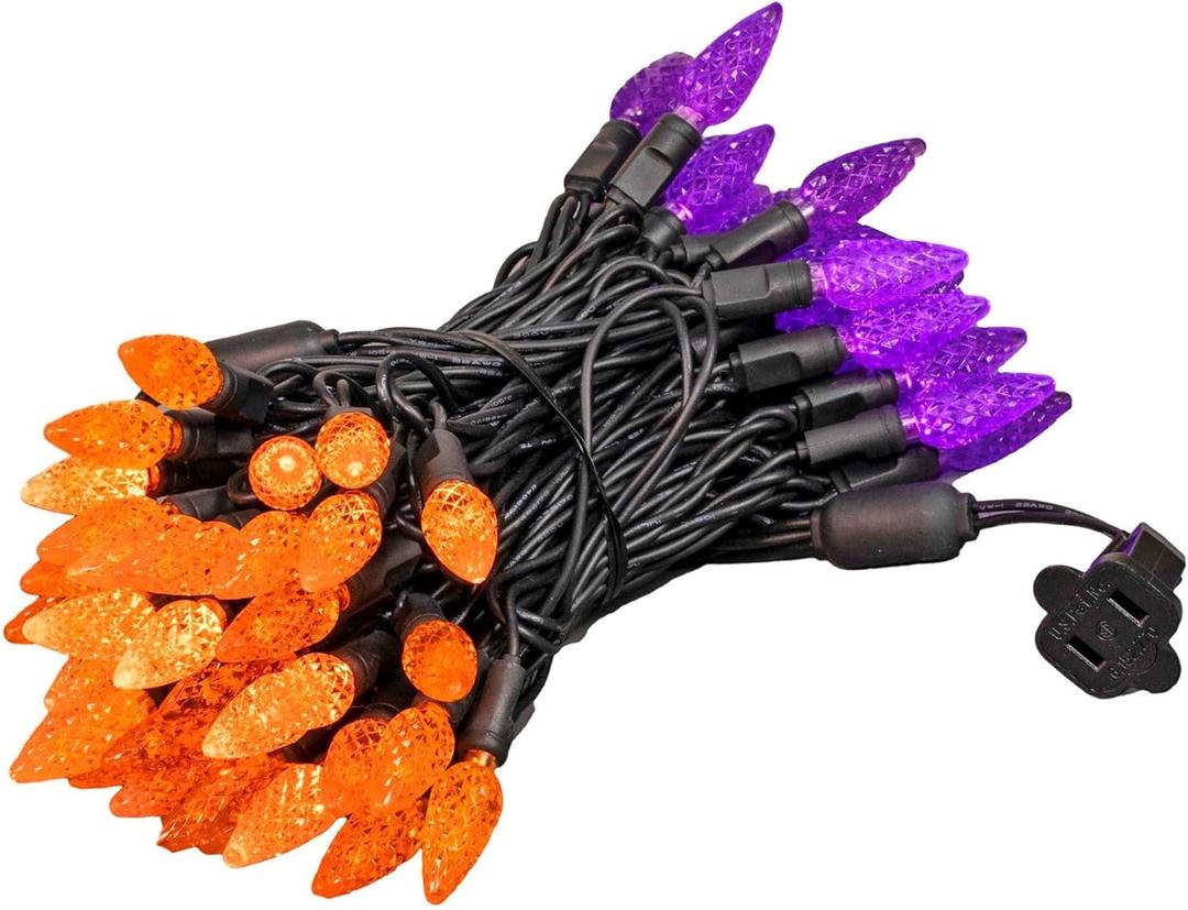 Novelty Lights 24 Feet 70 LED True Twinkle Purple/Orange Outdoor Halloween String, 100% Twinkle C6 Strawberry LED Lights on Black Wire, Commercial Grade UL Listed, Connectable End to End