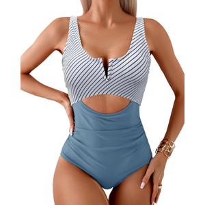 HXN Women's One Piece Swimsuit Tummy Control Bathing Suit Color Block Cutout Slimming Swim Suit Swimwear 2025 (L)