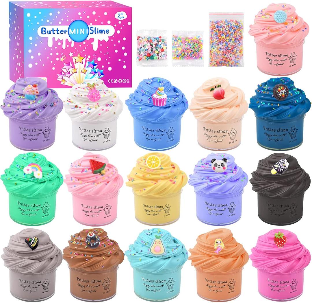 16 Pack Mini Butter Slime Kit, With Pink Watermelon & Lemon Slice Scents. Mermaid Slime Included - DIY Scented Slime Party Favor and Stress Relief Toy for Boys & Girls