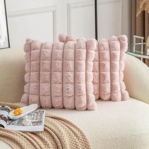 Neelvin Pink Faux Fur Cozy Soft Plaid Decorative Throw Pillow Covers 22x22 inch Set of 2,Velvet Pillowcase Cushion Case for Sofa Couch