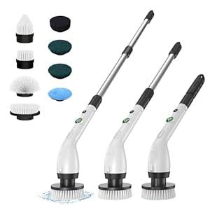 Electric Spin Scrubber, Cordless Cleaning Brush with 8 Brush Heads, IPX7 Waterproof LED Display, Adjustable Extension Handle Shower Scrubber for Bathroom Floor Tub Tile (White & Black)