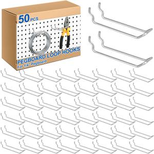 Tandefio 50 Pcs Double Arm Pegboard Hooks Heavy Duty 4.52" Fit 1/4 Pegboard Hole Loop Peg Board Wall Pegs Shelf Hooks for Shelves for Retail Stores Craft Room Garage Workbench