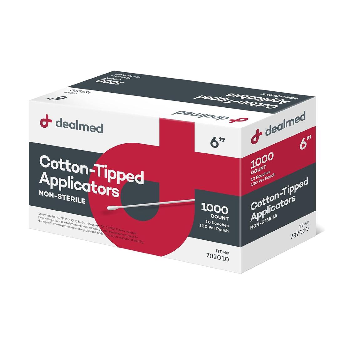Dealmed 6" Cotton-Tipped Wood Applicators  1,000 Non-Sterile Cotton-Tipped Applicators, 100 Applicators Per Pouch, Ideal for Application of Medication, Cleaning Skin, Arts and Crafts and More