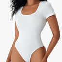 MOVWIN Women’s Bodysuit Tummy Control Seamless Short Sleeve Body Suit Shapewear Thong Square Neck Body Sculpting Shaper, White,Ll