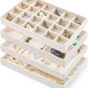 Jewelry Drawer Organizer Tray Set of 4 Stackable Velvet Jewelry Trays Drawer Inserts Organizer Case Set for Women Jewlery Storage Display Tray for Earrings, Rings, Necklaces, Bracelets, Watch (Beige)
