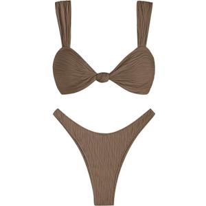 ZAFUL 2025 Cheeky Bikini Sets for Women High Cut Swimsuit Textured Ribbed Bikini Thong Bathing Suit (Small, Brown)