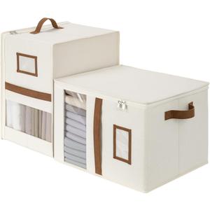 StorageWorks 2-Pack Bed Sheet Organizers and Storage, Foldable Bedsheet Holder for Linen Closet, Bedding Container with Handle, Beige, 15" D x 12¾"W x 10" H