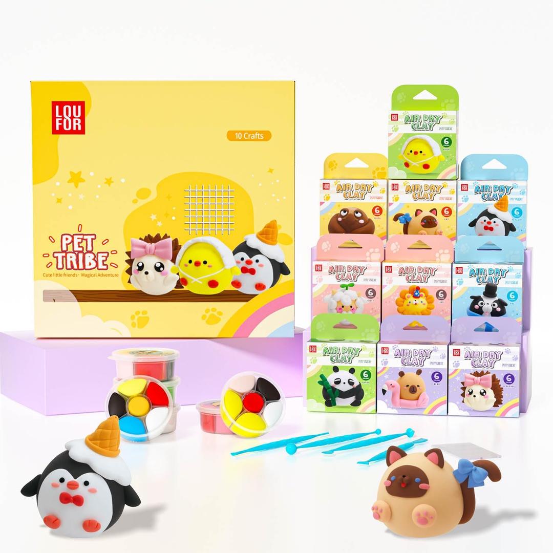 Air Dry Clay for Kids - Modeling Clay Kits, Ultra Light & Soft, Safe & Non-Toxic, 10 Boxes DIY Model Magic Clay 60 Colors with Sculpting Tools und Tutorials, Creative Art Crafts Toys Gifts Boys Girls (Pet Tribe)
