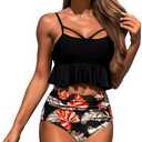 MIYOUJ High Waisted Bikini Set for Women Tummy Control Swimwear Ruffle Crop Two Piece Swimsuits Bathing Suits, Black, S