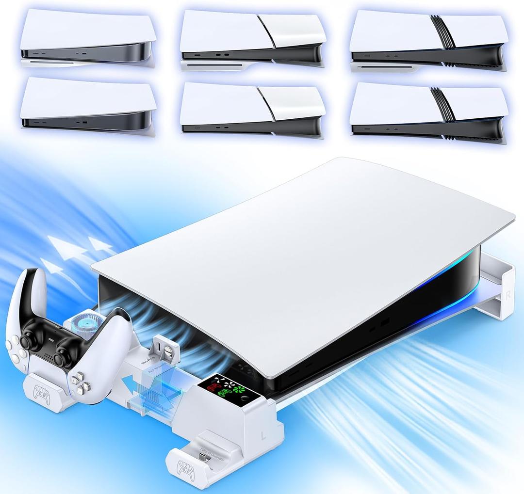 PS5/Slim/Pro Horizontal Stand with Cooling Fan & Charger for Original & Edge Controllers, Scalable Design PS5 Accessories Base with EVA Foams for All PS 5 Disc & Digital, PS 5 Sideways Stand White