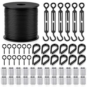 6 Pack Black Turnbuckle Wire Tensioner Kit, 100ft 1/16" Vinyl Coated 304 Stainless Steel Cable with M5 Turnbuckles for Outdoor String Light Hanging, Curtain Hanging System, Garden Trellis
