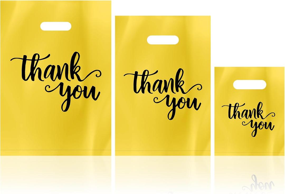200 Pack Thank You Shopping Bags Goodie Bags, Iclude 13.8x9.8 In, 11.8x7.9 In, 7.9x5.9 In, Plastic Bulk Merchandise Bag with Handle, Plastic Boutique Bags Retail shopping bag for Clothes, Party Favors (Yellow)