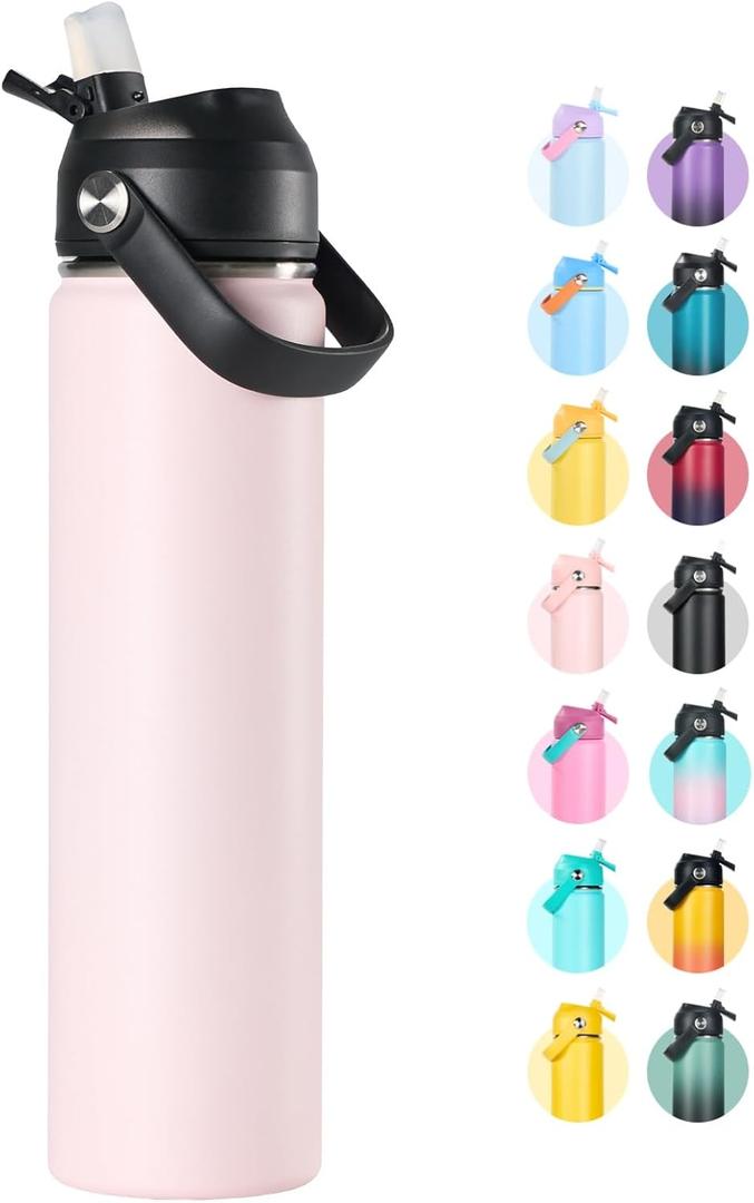 Fijinhom 24oz Insulated Stainless Steel Water Bottle, Wide Mouth Double Wall Vacuum, Silicone Straw, Sweat & Leak Proof, BPA Free Insulated Water Flask for Travel, Keep Cold 24h Hot 12h, Light Pink