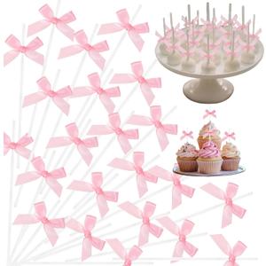 Faccito 50 Sets 6" Pink Bow Cake Pop Sticks DIY Coquette Themed Dessert Decorations for Candy, Lollipop, Cupcake Toppers, Party Decor for Baby Shower, Valentine's Day, Birthday, Wedding, Bachelorette