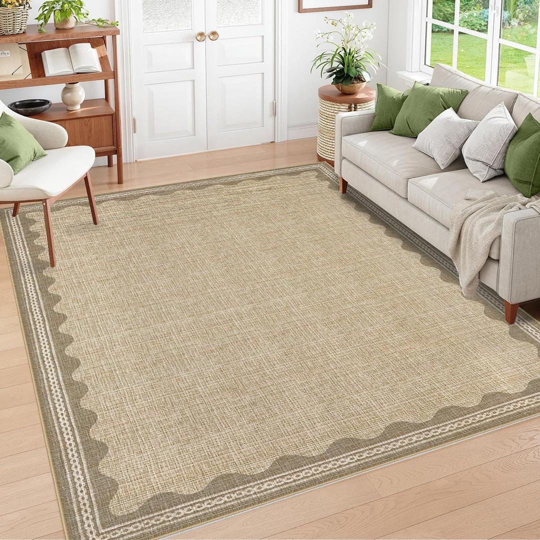 Scalloped Washable Rug 8x10 Area Rugs for Living Room, Solid Jute Rug for Bedroom Girls, Non Slip Scalloped Throw Rugs with Rubber Back, Soft Dorm Nursery 8x10 Carpet for Dining Room