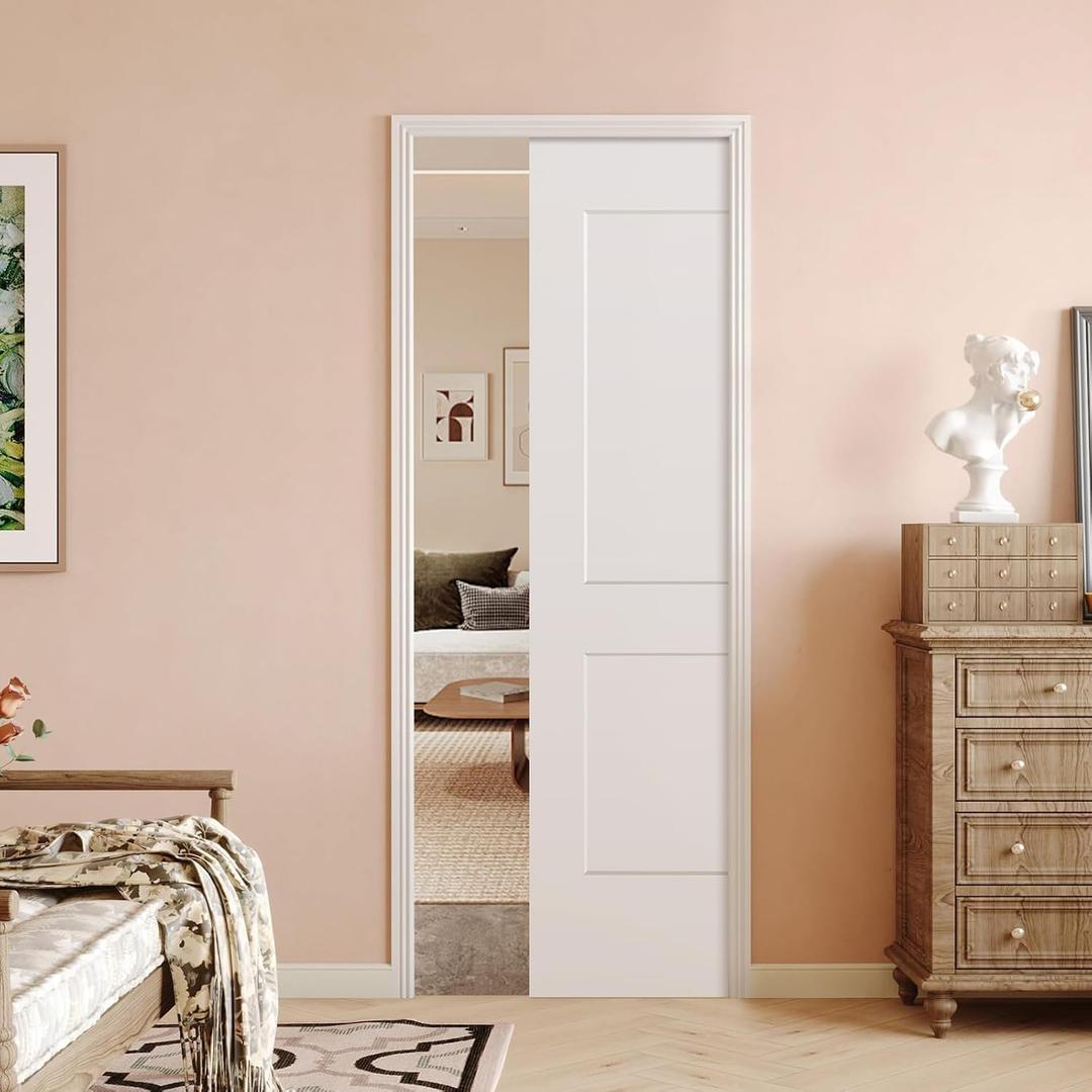 BARNSMITH 32in x 80in Sliding Pocket Door, Track Hardware and Frame Kits with 2-Panel White Paintable Door Slab Included, Soft Close Mechanism, Durable and Smooth