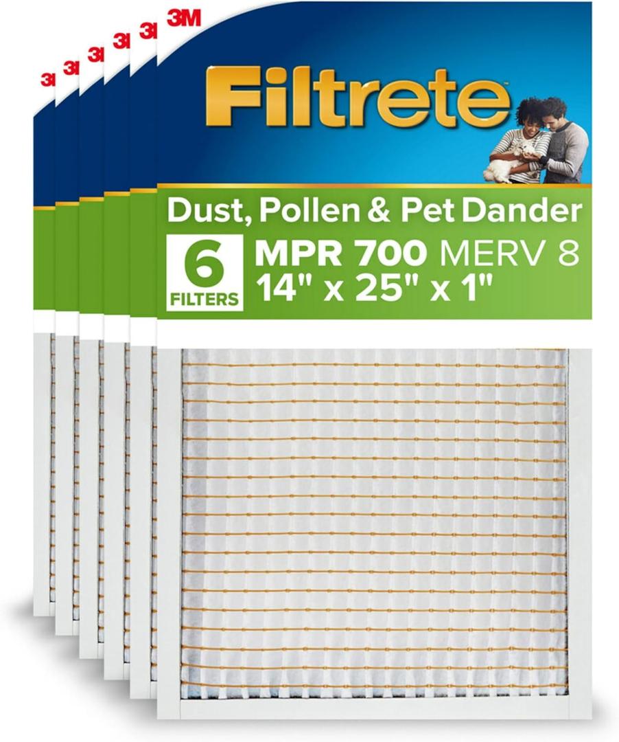 Filtrete 14x25x1 AC Furnace Air Filter, MPR 700, MERV 8, Tough on Pollen, Easy on Airflow, 3-Month Pleated 1-Inch Electrostatic Air Cleaning Filter, 6-Pack (Actual Size 13.81 x 24.81 x 0.81 in)