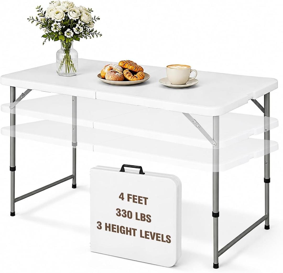 4ft Foldable Table with Built in Handle, 3-Level Adjustable Height, White