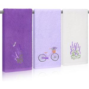 SmoothNovelty 3pcs Purple Lavender Hand Towels for Bathroom 14 x 29 Inch Embroidered Lavender Bathroom Towels Summer Cotton Soft Absorbent Decorative Kitchen Cloth for Drying Cleaning Cooking