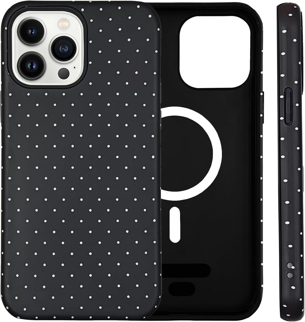 for iPhone 16 Pro Max Case Cute Polka Dot Phone Case Compatible with MagSafe, Dual-Layer Shock Protection (Hard PC + Silicone) - Aesthetic Protective Phone Cover for Women Girls, Black