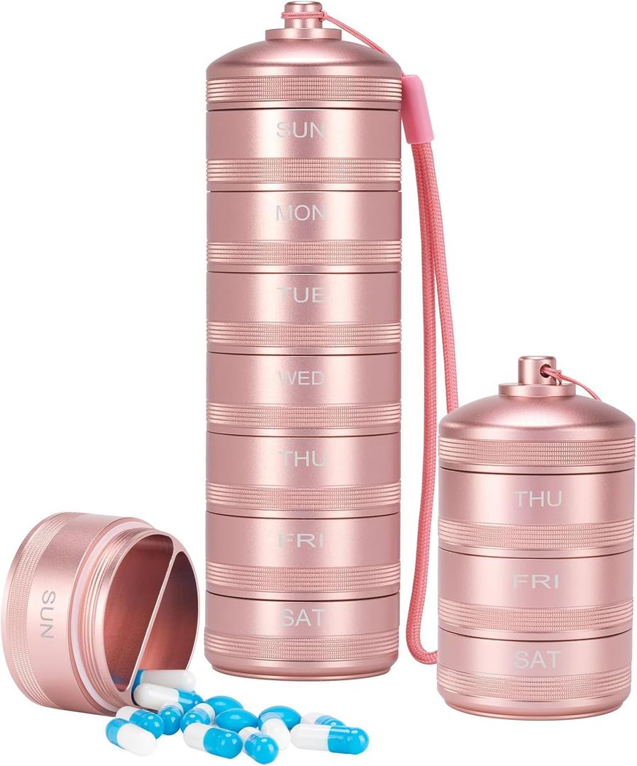 XHT Pink Weekly Metal Pill Organizer 7 Day 2 Times a Day  Aesthetic Waterproof AM PM Travel Pill Box, Heavy Duty Pill Holder and Medicine Pill Organizer for Vitamins, Fish Oil & Supplements