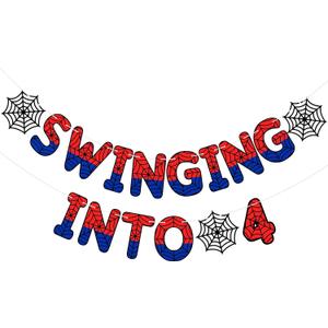 TaoBary Spider Theme 4th Birthday Banner, Pre-strung Swinging into 4 Banner, Spider 4th Birthday Decorations Party Supplies for Kids, Fourth Decor for 4 Year Old Boys Girls (Red and Blue)