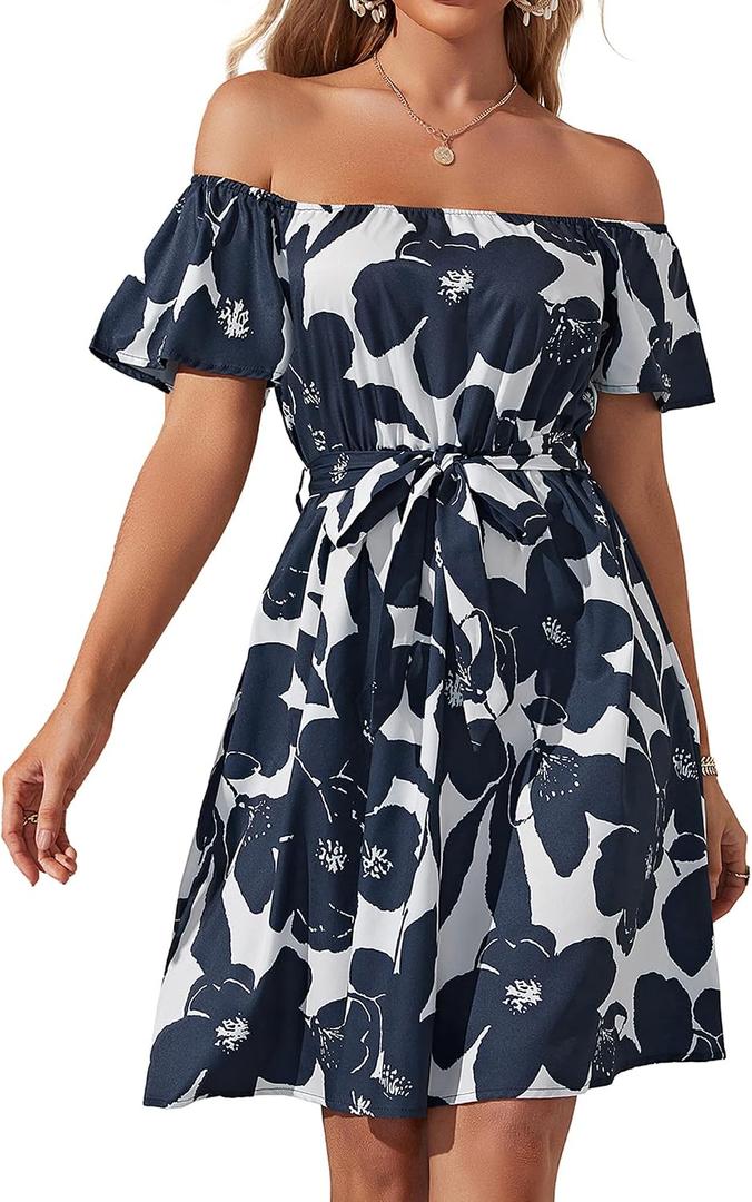 Off Shoulder Ruffle Dress for Women, A-Line Mini Dress with Belt, Fitted Bust Summer Wedding Guest Dress (Blue, S)