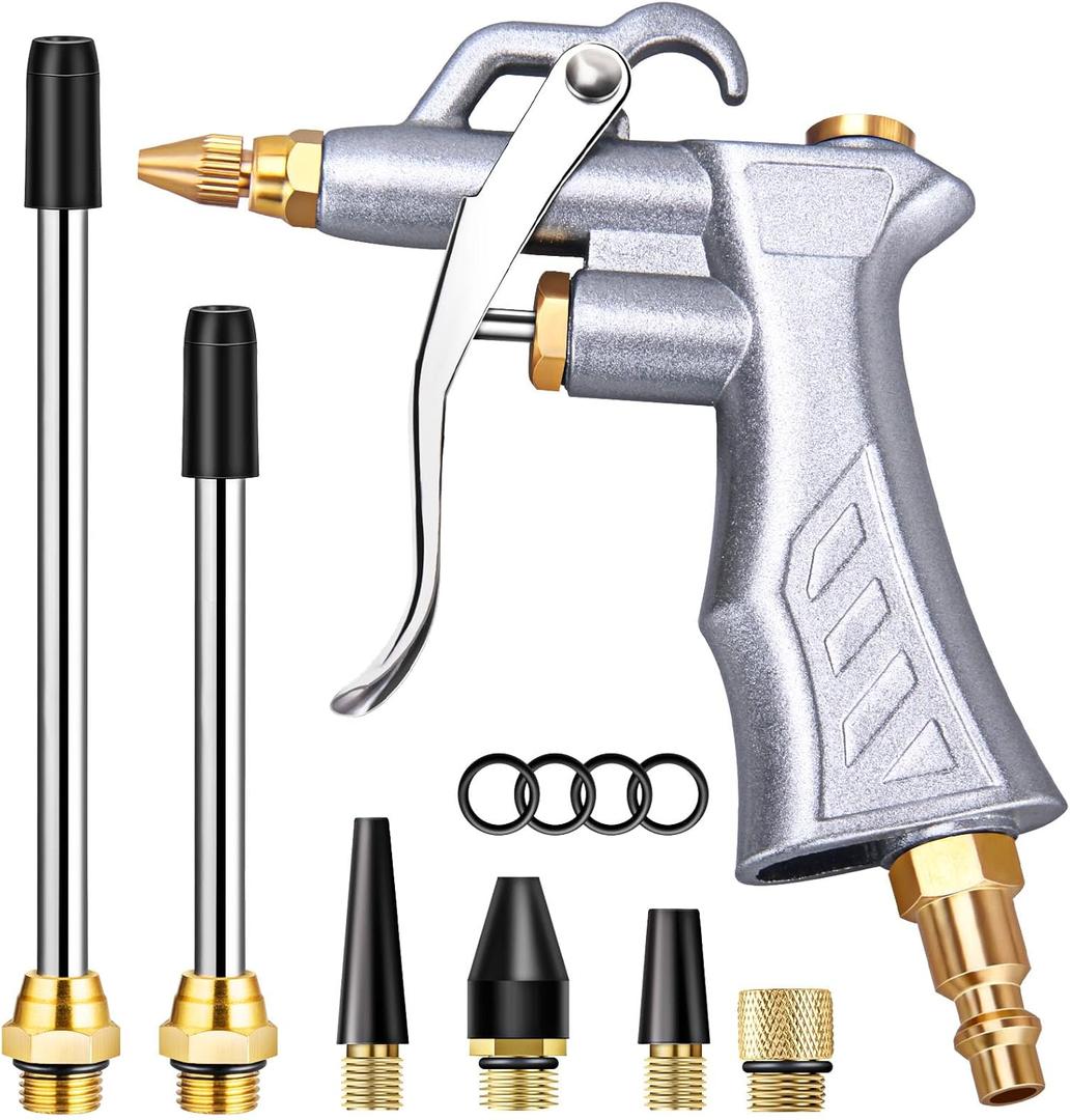 JASTIND Industrial Air Blow Gun with Brass Adjustable Air Flow Nozzle and 2 Steel Extension, Pneumatic Air Compressor Accessory Tool Dust Cleaning and Blower Gun