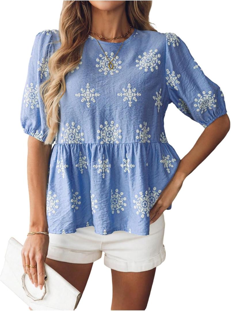 SweatyRocks Women's Floral Print Puff Sleeve Bow Blouses Summer Boho Ruffle Peplum Tops (Blue, S)