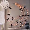 LITBLOOM Halloween Garland with Lights 6FT 80 Orange and Warm White Fairy Lights, Lighted Black Garland Battery Operated with Timer Lit Bats for Wall Porch Decoration