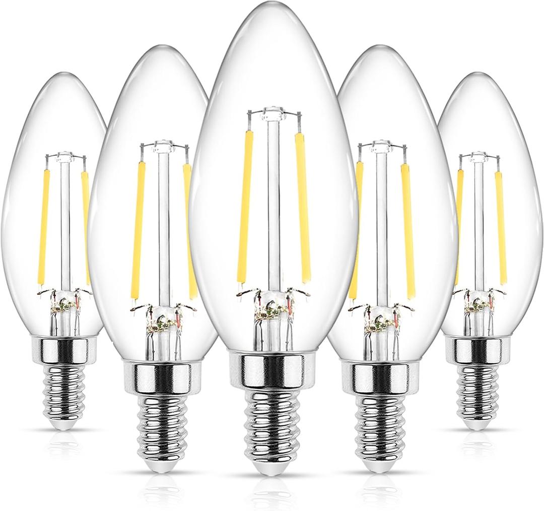 Ascher E12 LED Classic Candelabra Clear Light Bulbs 4W, Equivalent 40W, Daylight White 5000K, Non-Dimmable, Filament Clear Glass, Pack of 5