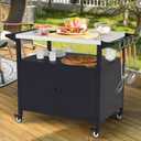COZEER Outdoor Grill Table with Storage, Weatherproof Grill Cart | Portable, Outdoor Storage Box, Kitchen Island, Stainless Steel Table with Utensil Hooks & Rolling Lockable Caster Wheels