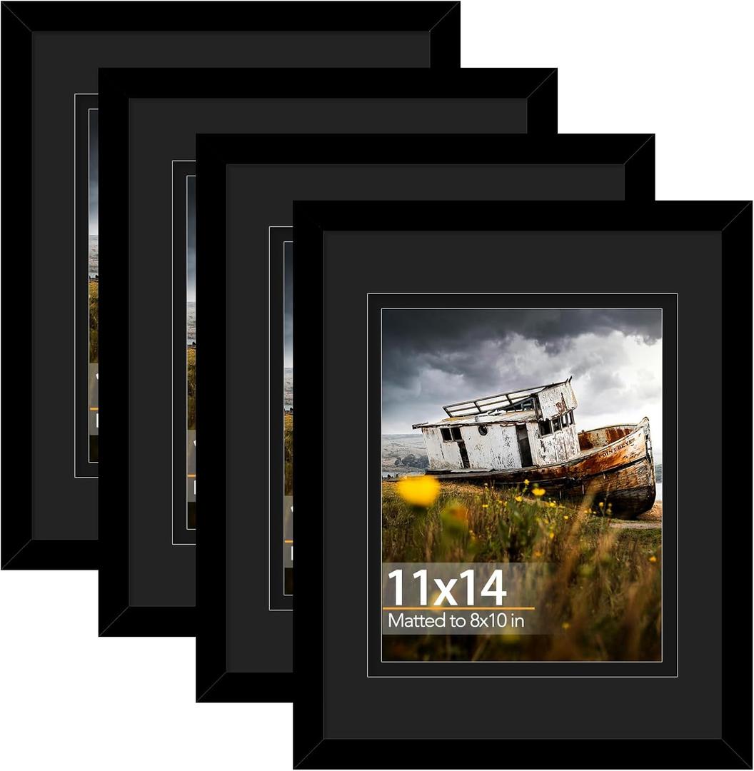 11x14 Double Floating Mat Wood Picture Frame, Display 8x10 with Double Black Mat, 8 x 10 Matted Frame with Shatter Resistant Plexiglass, 4 Pack, Black