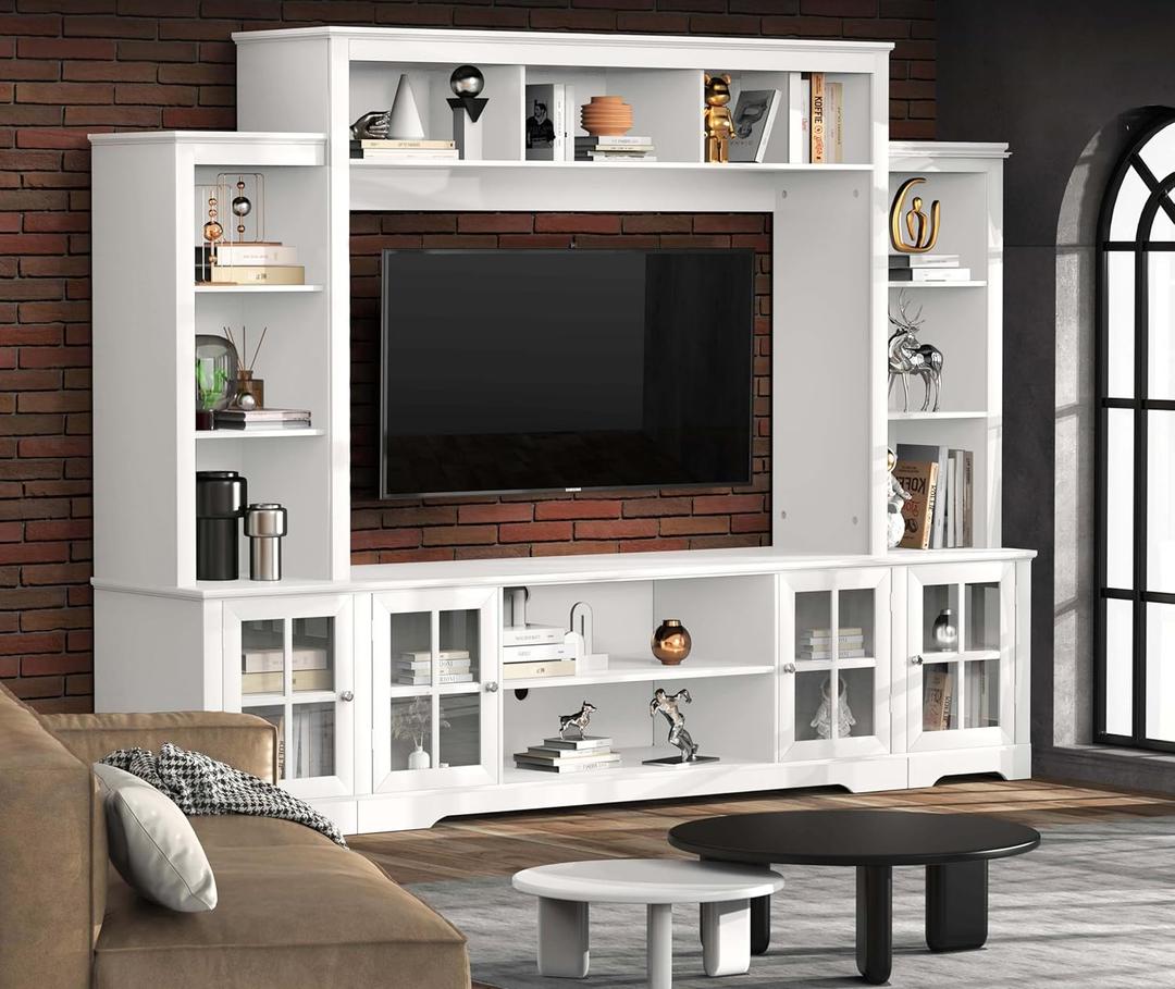 Tatub Large Wall Unit Entertainment Center with Storage, Modern TV Entertainment Center with Bookshelves and Bridge Cabinet, Living Room Tall Bookshelf with Storage, 65.7" Wide for TV Placement, White