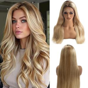 28 Inch Highlight Blonde Lace Front Wigs Human Hair 13x4 HD Transparent Glueless Wig Human Hair for Women Ombre Straight Mediun to Brown with Honey Blonde Frontal Wigs Pre Plucked Bleached Knots