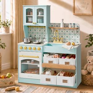 Tiny Land Wooden Play Kitchen for Kids with Toy Storage for Pretend Play
Built-In Cabinets, Felt Bins & Cookware Accessories Make Cleanup Easy While Encouraging Organizational Skills
